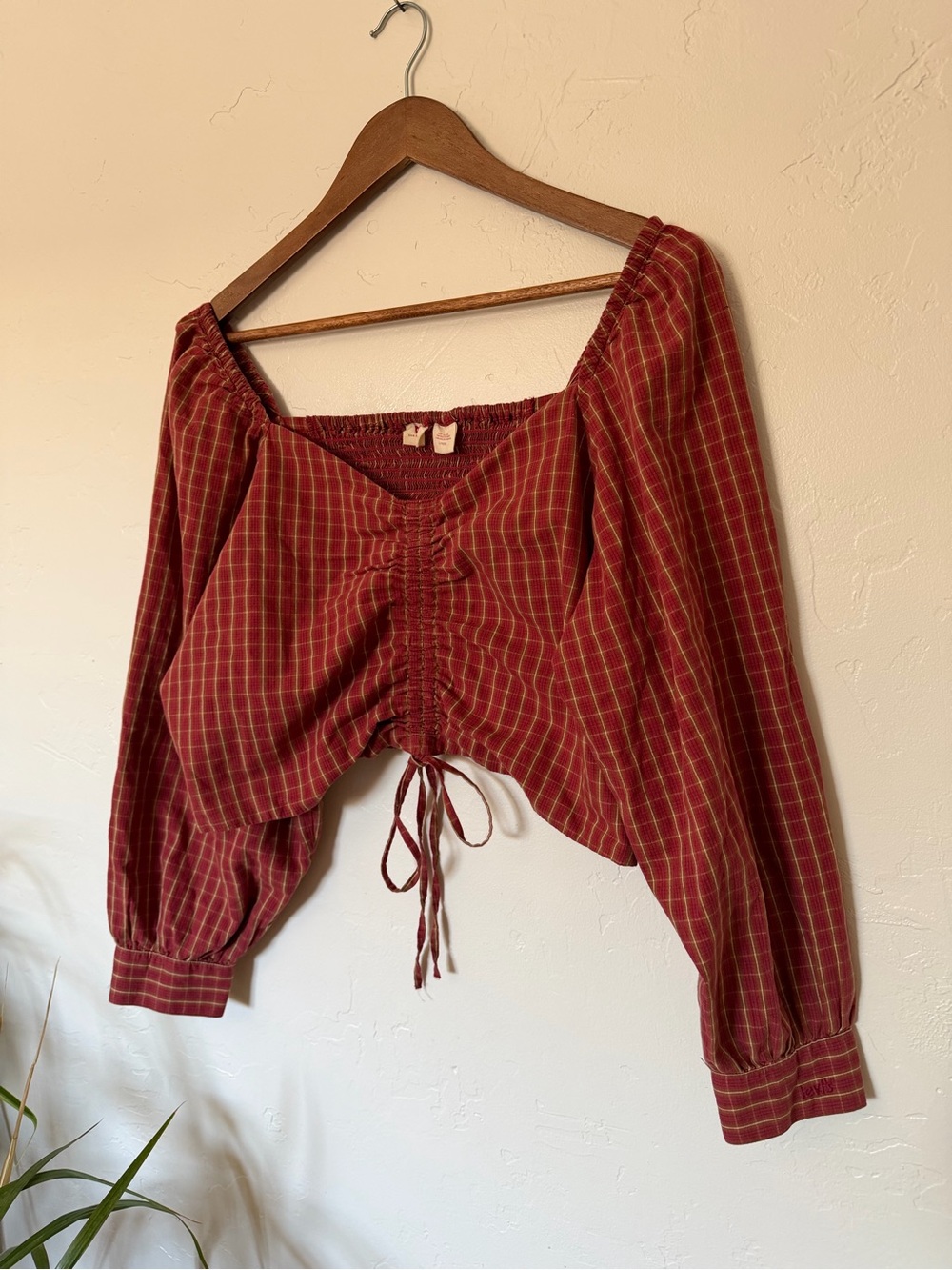 Women's LEVIS Red Plaid Ruched Long-Sleeve Top